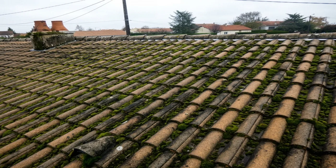 Démoussage d'une toiture en tuiles béton envahie de mousse — avant intervention