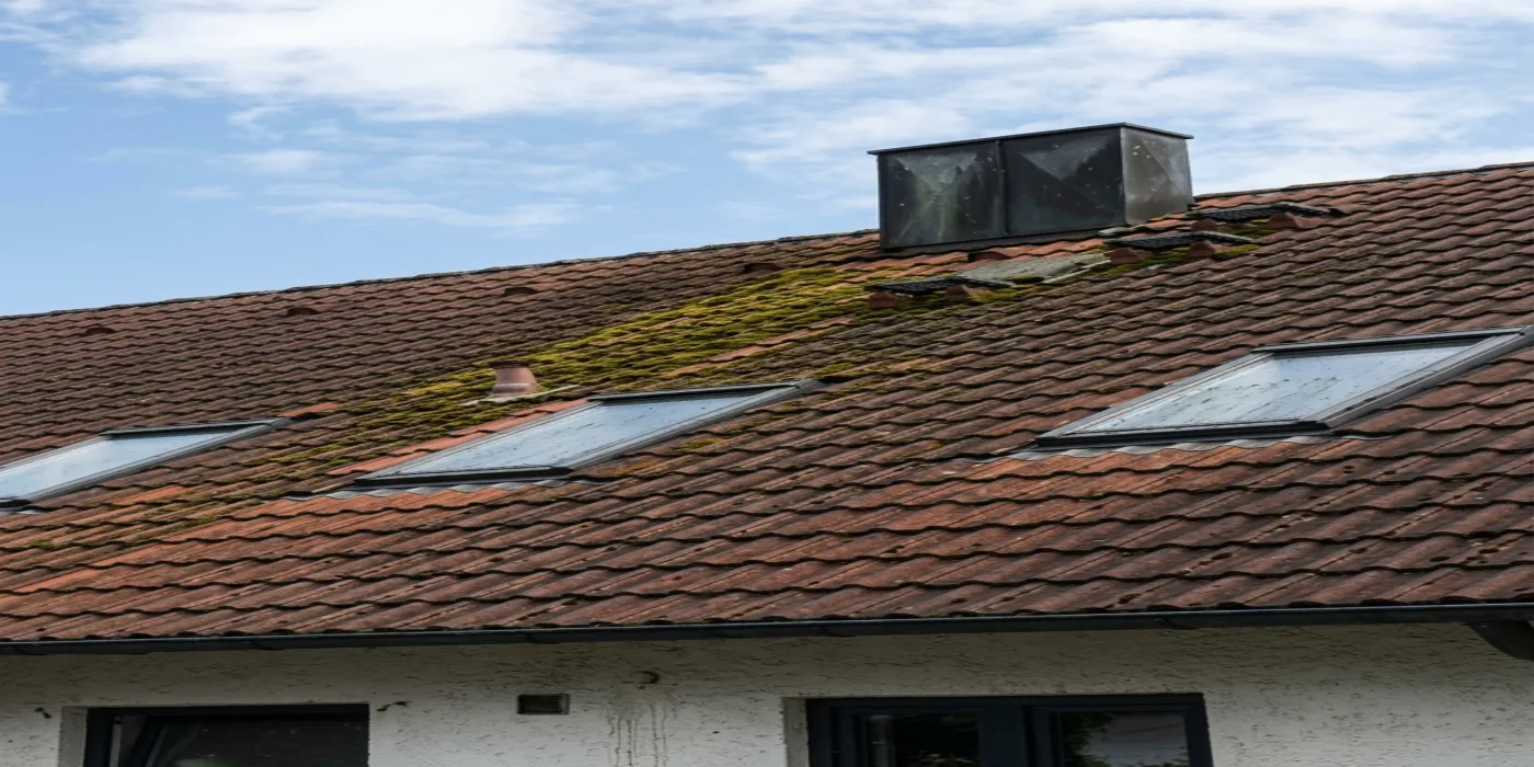 Démoussage d'une toiture en tuiles mécaniques — avant intervention